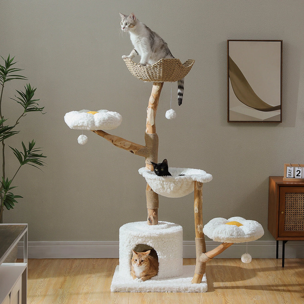 Road Cat Tree Tower for Large Cats Modern Solid Wood Flower Scratching Post